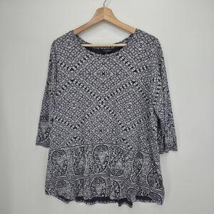 Lucky Brand Floral Paisley Print Navy Blue White 3/4 Sleeve Top Size 2X Plus